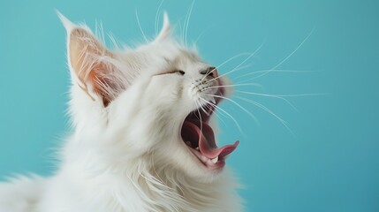 Sleepy cat with white fur yawning on a blue background - obrazy, fototapety, plakaty