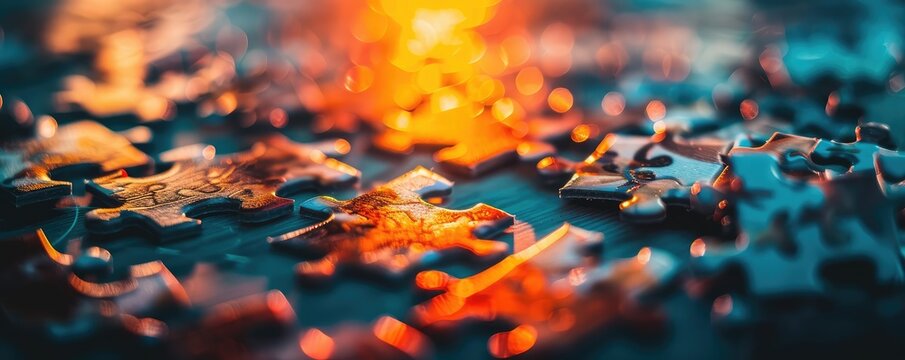 Close-up of colorful interlocking pieces of puzzle, showcasing texture and detail