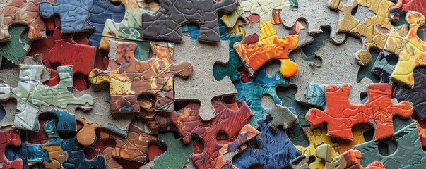 Close-up of colorful interlocking pieces of puzzle, showcasing texture and detail