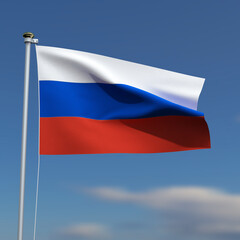Russia Flag is waving in front of a blue sky with blurred clouds in the background