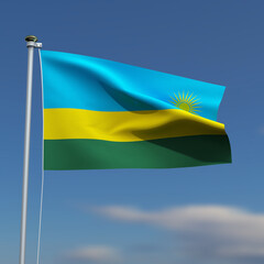 Rwanda Flag is waving in front of a blue sky with blurred clouds in the background