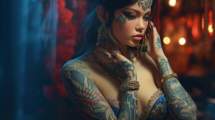 beautiful girl in tattoos - obrazy, fototapety, plakaty