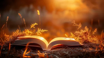 Papier peint photo Marron opened book with landscape lying on yellow grass on sunset. Copy space image. Place for adding text or design  © JovialFox