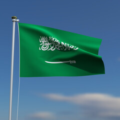 Saudi Arabia Flag is waving in front of a blue sky with blurred clouds in the background