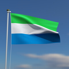 Sierra Leone Flag is waving in front of a blue sky with blurred clouds in the background
