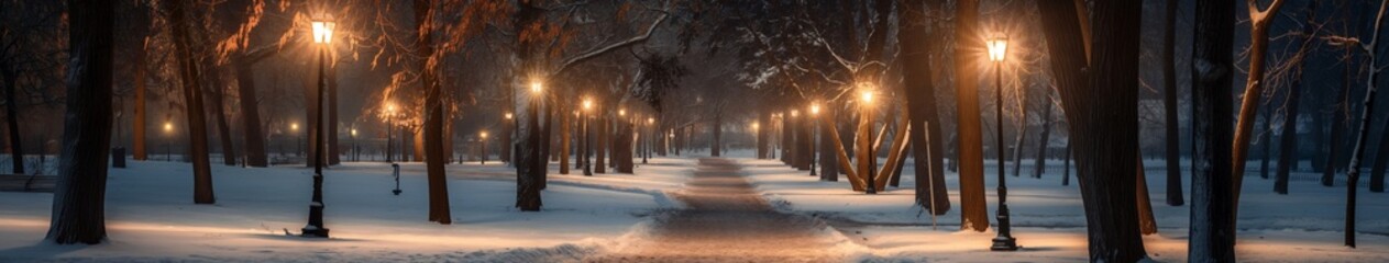 Snowy Park with Illuminated Path