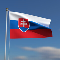 Slovakia Flag is waving in front of a blue sky with blurred clouds in the background