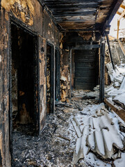 Burned room interior in apartment house. Consequences of fire concept