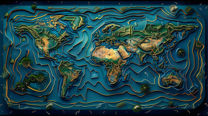 An illustration of the world map combined with the maze pattern, showing the technology of global...