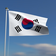 South Korea Flag is waving in front of a blue sky with blurred clouds in the background