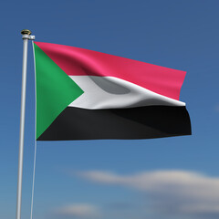 Sudan Flag is waving in front of a blue sky with blurred clouds in the background
