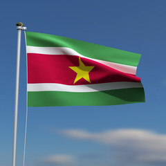 Suriname Flag is waving in front of a blue sky with blurred clouds in the background