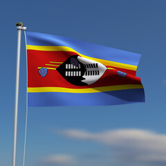 Swaziland Flag is waving in front of a blue sky with blurred clouds in the background