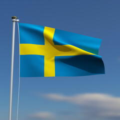 Sweden Flag is waving in front of a blue sky with blurred clouds in the background
