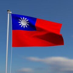 Taiwan Flag is waving in front of a blue sky with blurred clouds in the background