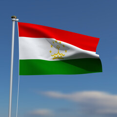 Tajikistan Flag is waving in front of a blue sky with blurred clouds in the background