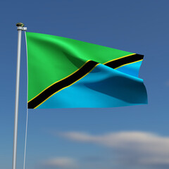 Tanzania Flag is waving in front of a blue sky with blurred clouds in the background