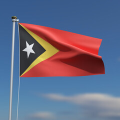 Timor-Leste Flag is waving in front of a blue sky with blurred clouds in the background