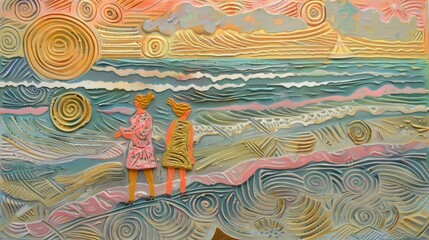 Two individuals are depicted standing on a beach. 