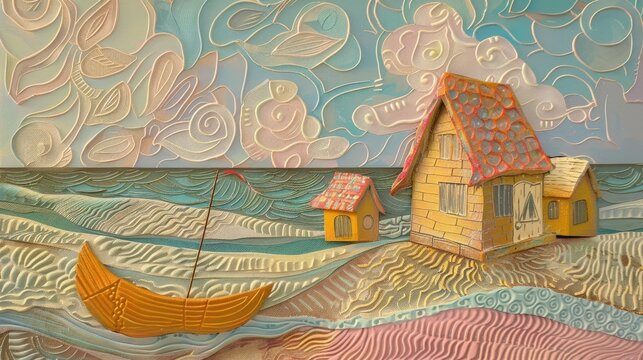 traditional painting featuring a house nestled by the waters edge, with a boat floating peacefully on the calm surface. 