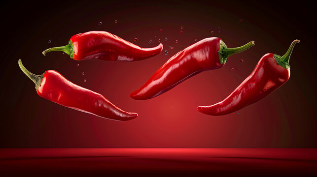 Four red peppers are shown in the air, with one of them being a jalapeno. Ripe red peppers floating in mid-air against a vertical gradient backdrop. Style: Futuristic Geometric Elegance.