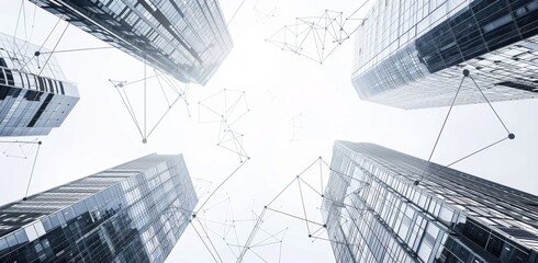 Modern skyscrapers connected digitally, representing the integration of technology in real estate business models and building management systems Generative AI