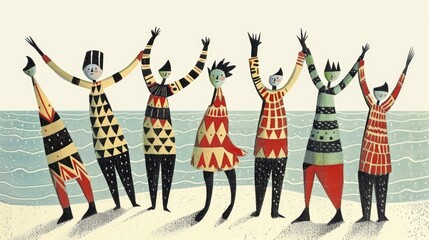 A group of whimsically illustrated characters is shown with raised arms in a celebratory gesture, standing side by side on a sandy beach.