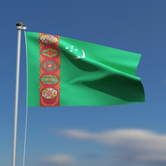 Turkmenistan Flag is waving in front of a blue sky with blurred clouds in the background