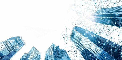 Modern skyscrapers connected digitally, representing the integration of technology in real estate business models and building management systems Generative AI