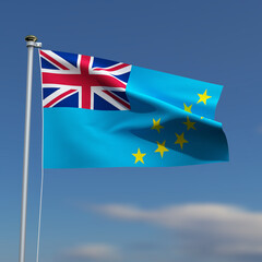 Tuvalu Flag is waving in front of a blue sky with blurred clouds in the background