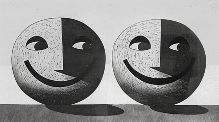 two round, stylized masks side by side, each half smiling and half displaying a contrasted emotion. 