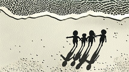 Aerial view of four children playing near the foamy ocean shoreline at dusk
