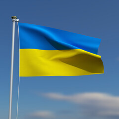 Ukraine Flag is waving in front of a blue sky with blurred clouds in the background