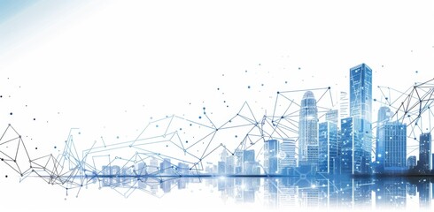 A modern city skyline with skyscrapers interconnected with digital lines, representing the global network of real estate management and container technology Generative AI