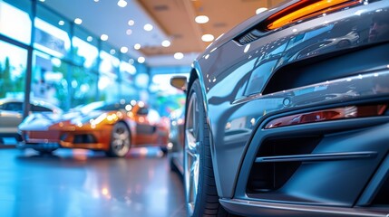 New cars display in luxury showroom with light bokeh in motor show event. - obrazy, fototapety, plakaty