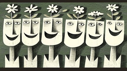Cheerful cartoon flowers with smiling faces and eyes