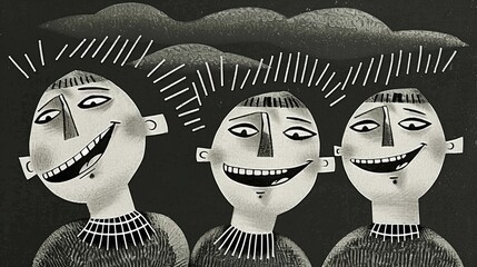 Three smiling illustrated characters under stylized clouds with radiant lines