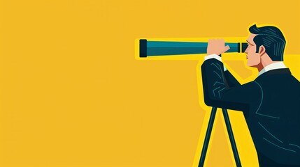 A business strategist using a telescope to scan the horizon, representing the search for new opportunities and the vision to discover future trends - obrazy, fototapety, plakaty