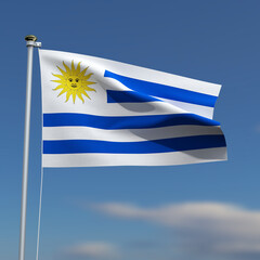 Uruguay Flag is waving in front of a blue sky with blurred clouds in the background