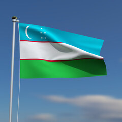 Uzbekistan Flag is waving in front of a blue sky with blurred clouds in the background