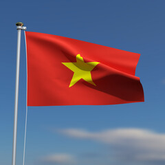 Vietnam Flag is waving in front of a blue sky with blurred clouds in the background