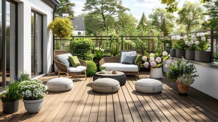 Fototapeta na wymiar Beautiful of modern terrace with wood deck flooring and fence, green potted flowers plants and outdoors furniture. Cozy relaxing area at home. Sunny stylish balcony terrace in the city, Generative AI