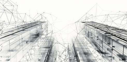 A digital art representation of skyscrapers with interconnected data points, symbolizing the integration and interaction between building technology and cloud platform services Generative AI