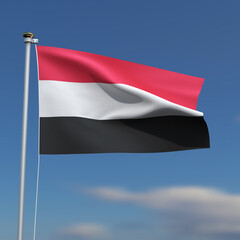 Yemen Flag is waving in front of a blue sky with blurred clouds in the background