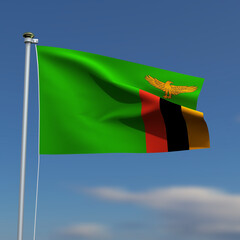 Zambia Flag is waving in front of a blue sky with blurred clouds in the background