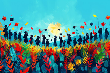 Graduation celebration with students tossing caps in a field of flowers. Graduation time in educational institutions.