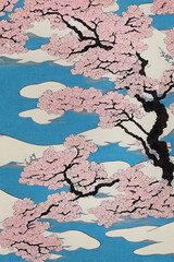 Ukiyo-e style design of cherry blossoms and clouds in pink tones and colors, Ai-generated illustration