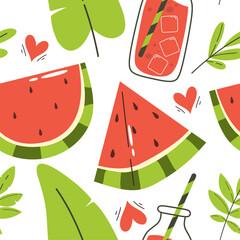 Seamless pattern with watermelon slices and drink in cartoon flat style, bright and summer print. Vector illustration.