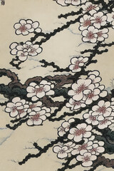 Ukiyo-e style design of cherry blossoms and clouds in pink tones and colors, Ai-generated illustration