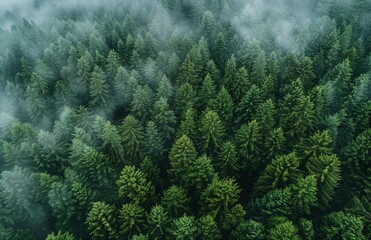 Green forest under the cover of clouds, spruce and pine trees, view from above. Sustainable forest....